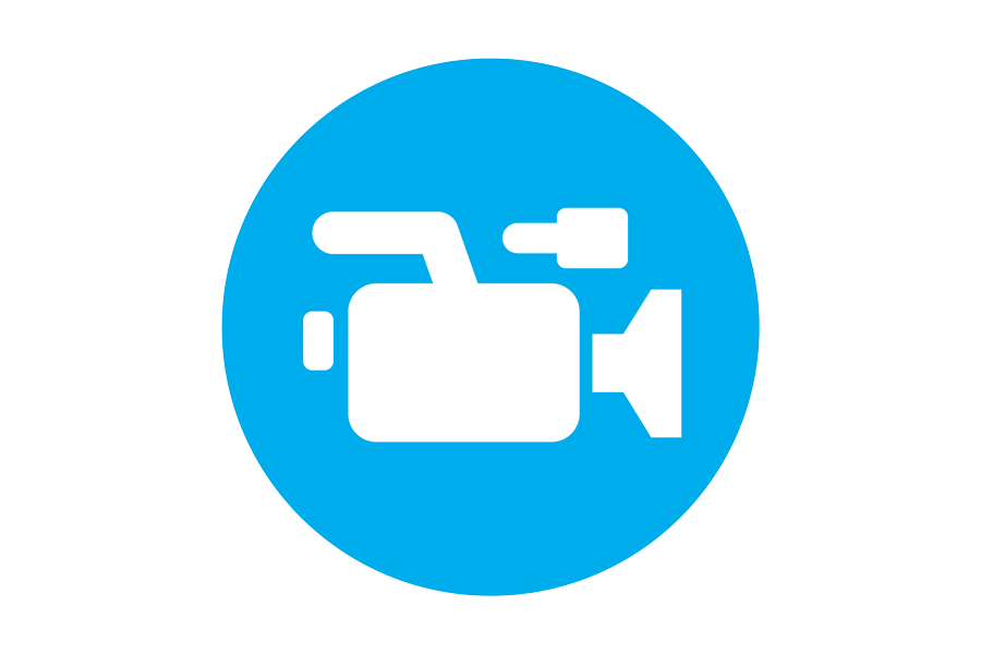  Video camera graphic on blue background.
