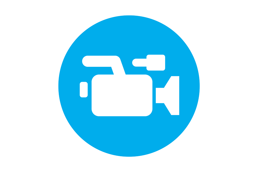 Video camera graphic on blue background.
