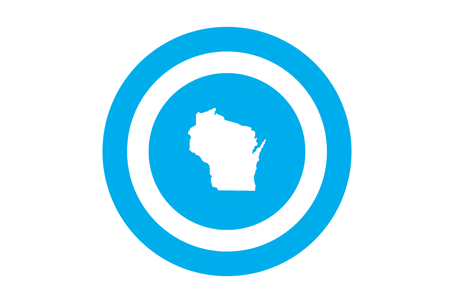 Blue and white icon of the outline of Wisconsin.