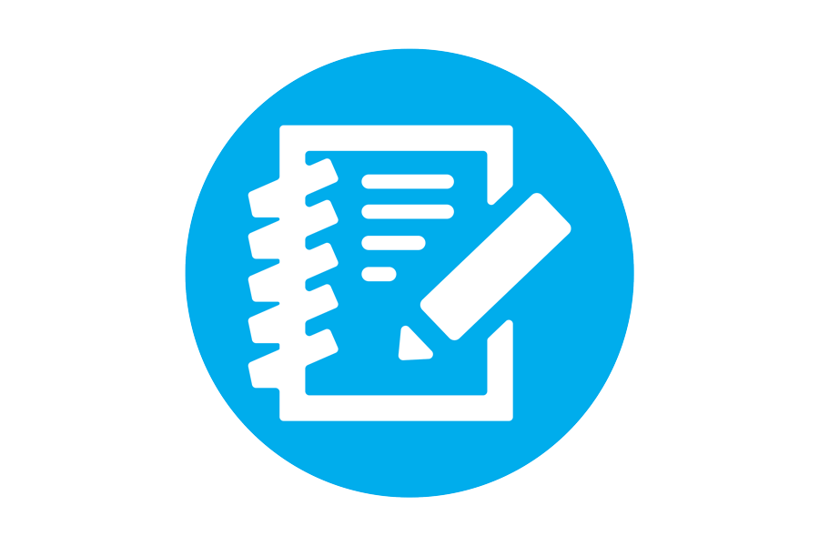 Circular blue icon with a notebook and pencil in it