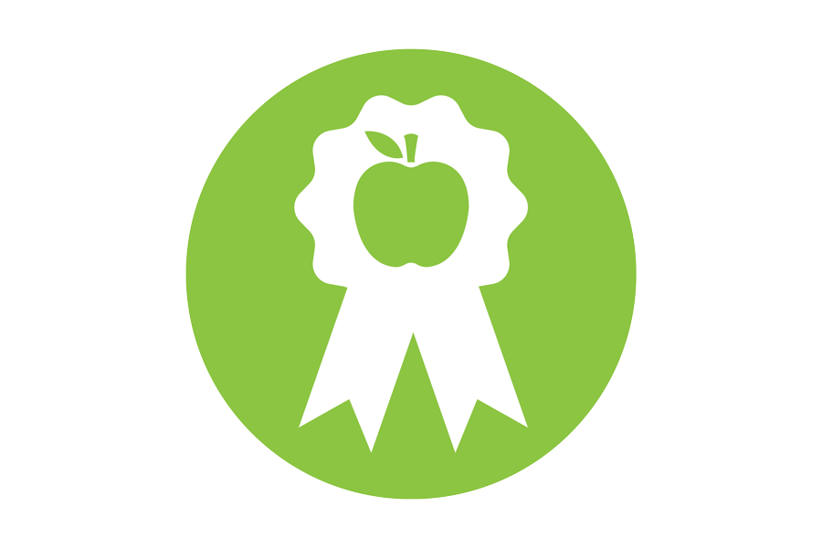 Icon of an apple with a badge.