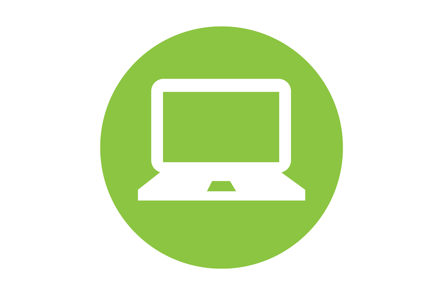 White graphic of a computer on a green background.