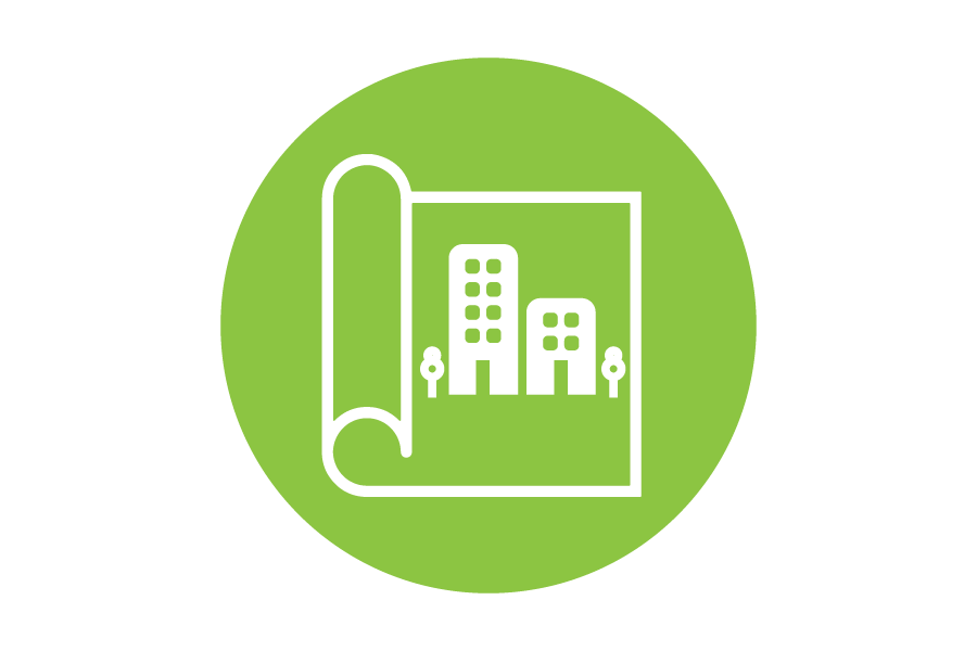 Graphic of a building on a rolled out piece of paper on a green background.