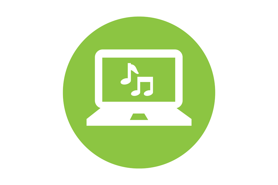 Laptop graphic on green background with musical notes.