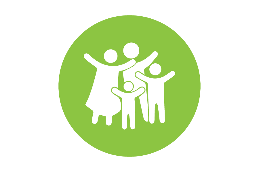Circular green icon with four people of various ages inside it