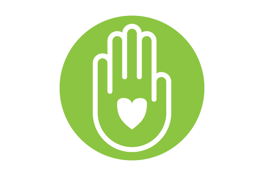 An outline of a hand with a heart on the palm on a green background.