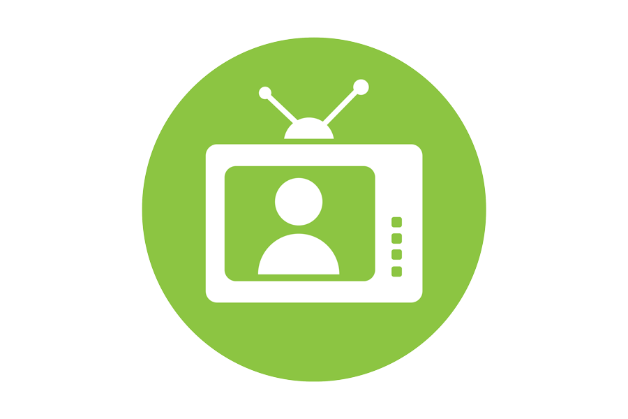  White graphic of a TV set on a green background.