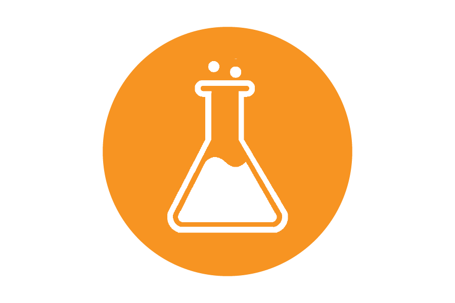 Icon of a beaker on an orange background.