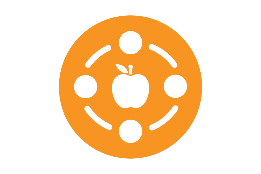 Graphic of a white apple surrounded by circles on an orange background.