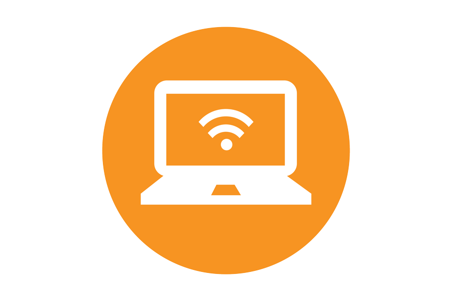 Laptop graphic on orange background with wifi signals.