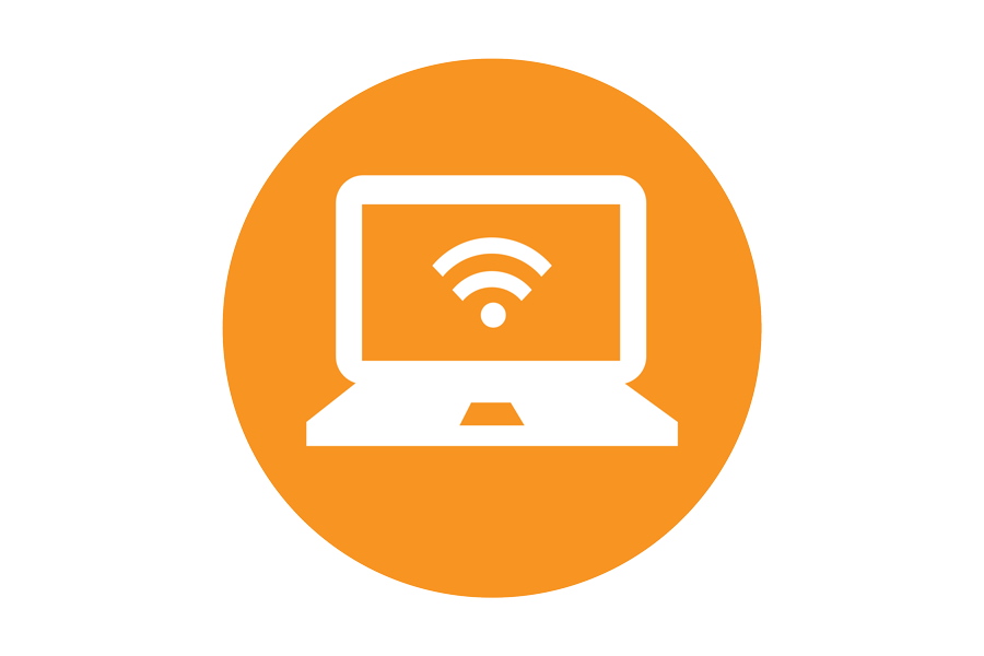 Circular orange icon with a laptop computer inside it and a wi-fi symbol on the screen