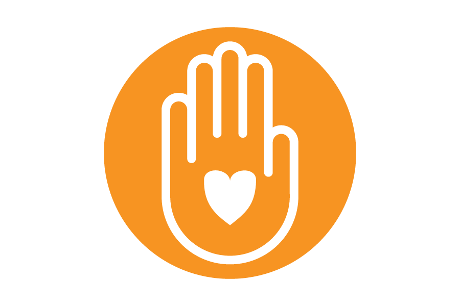 Orange icon of heart in the palm of a hand.