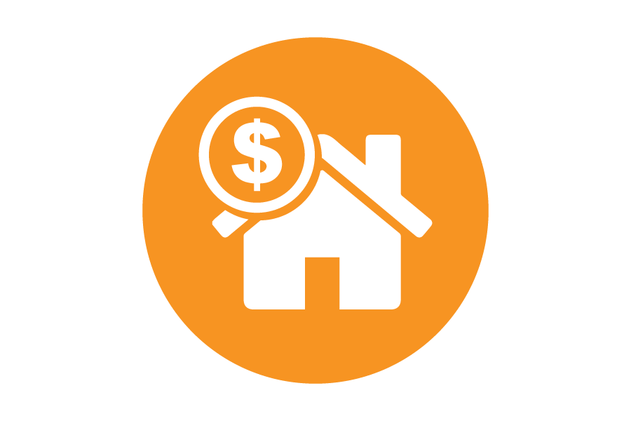 Icon of a white house with a dollar sign on an orange background. 