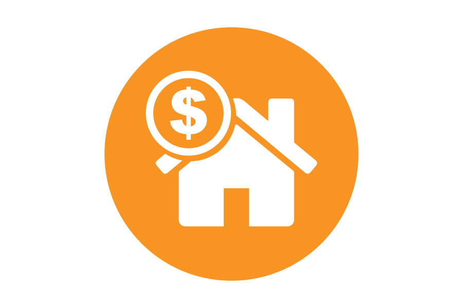 Icon of a white house with a dollar sign on an orange background.