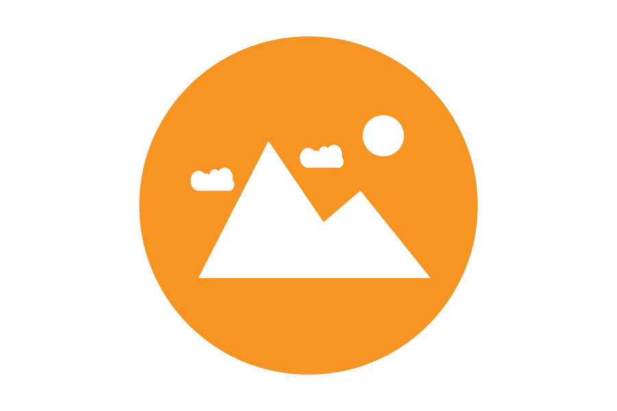 Icon of a mountain, clouds and sun on an orange background.