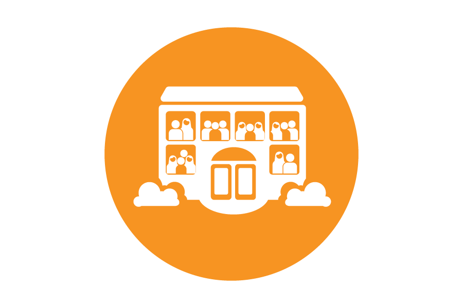 Orange icon with a picture of a building with people in the windows