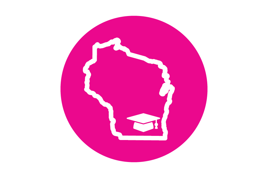Icon of the outline of Wisconsin with a graduation cap on a pink background.