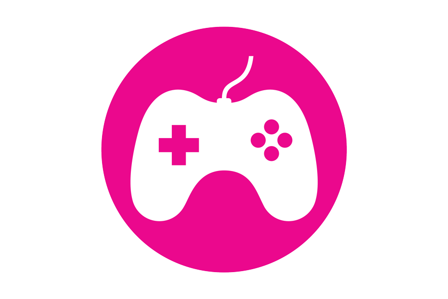 Graphic of white controller on a pink background.