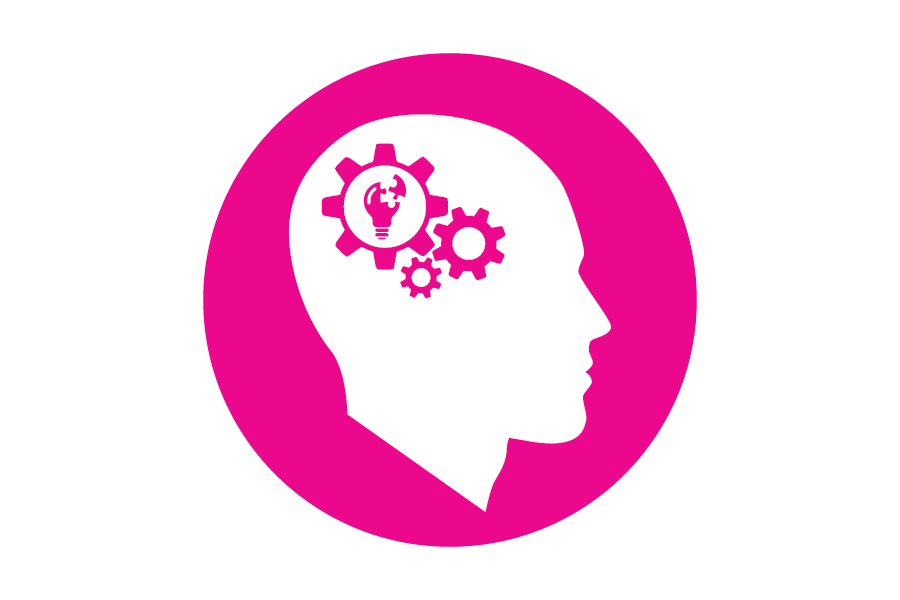 Icon of a head with gears on a pink background.