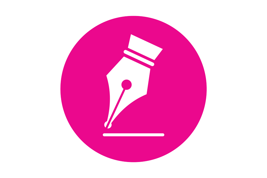 Circular pink icon with a fountain pen nib touching paper