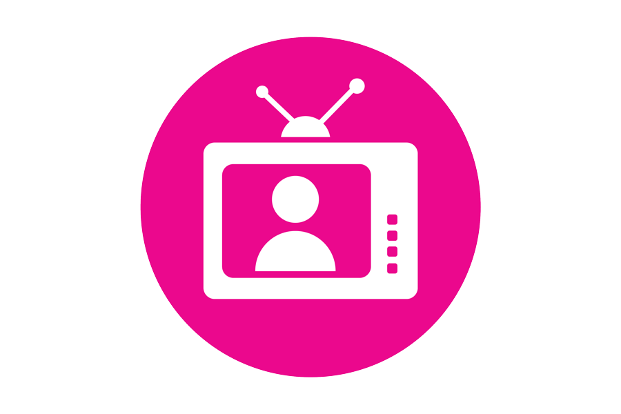  White graphic of a TV set on a pink bakcground.