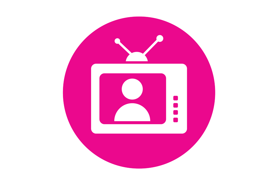 White graphic of a TV set on a pink background.