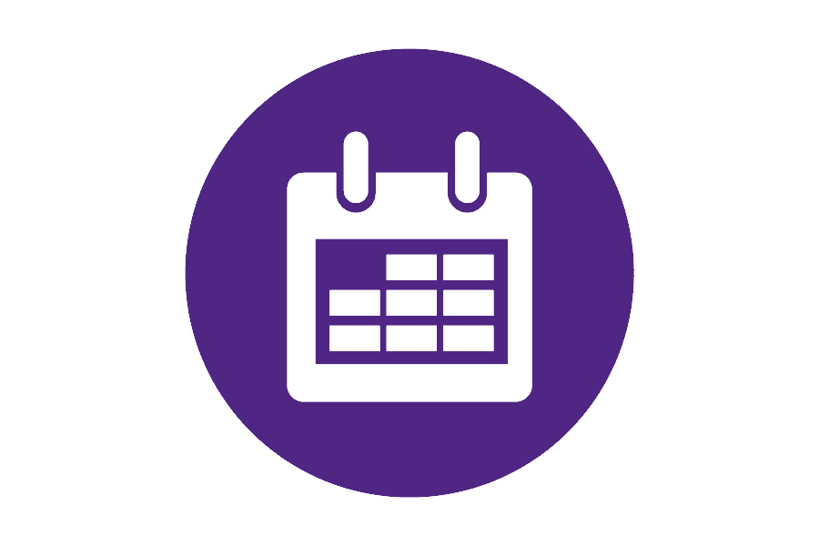 Circular purple icon with a calendar inside it.