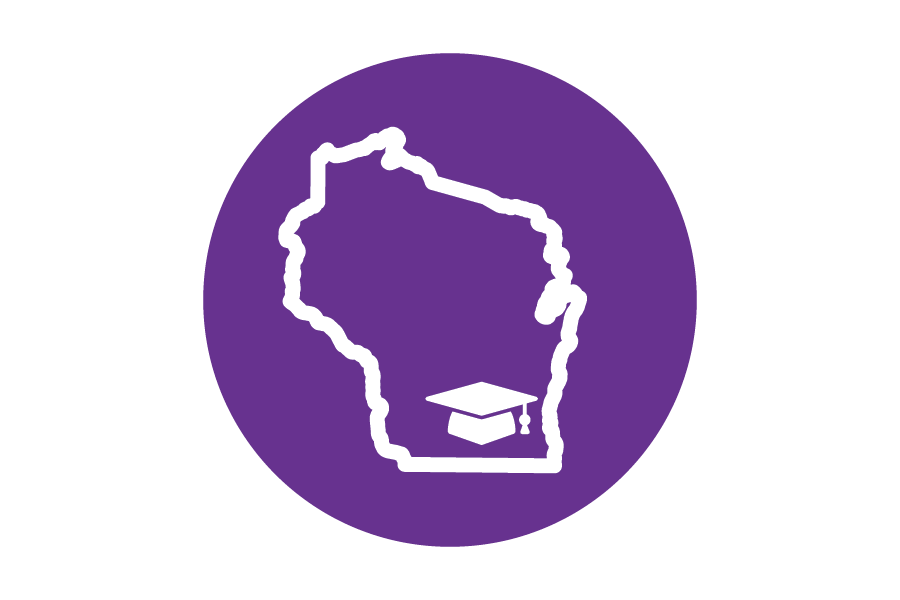 a grad a cap in the south east section of the state of Wisconsin on a purple background.