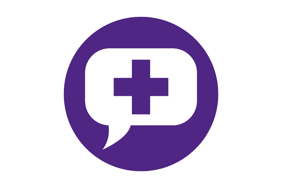 Icon of a conversation bubble with a medical cross on a purple background.