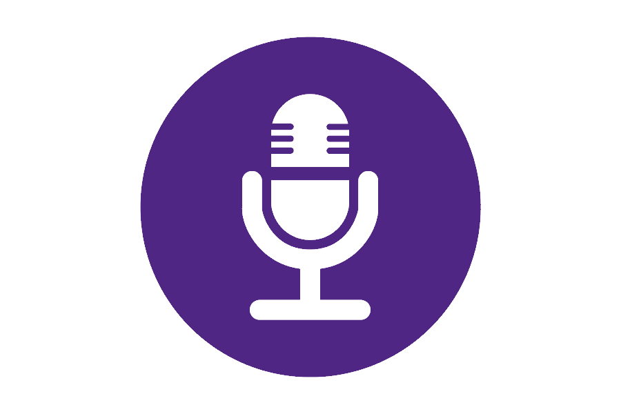  White graphic of a microphone on a purple background.
