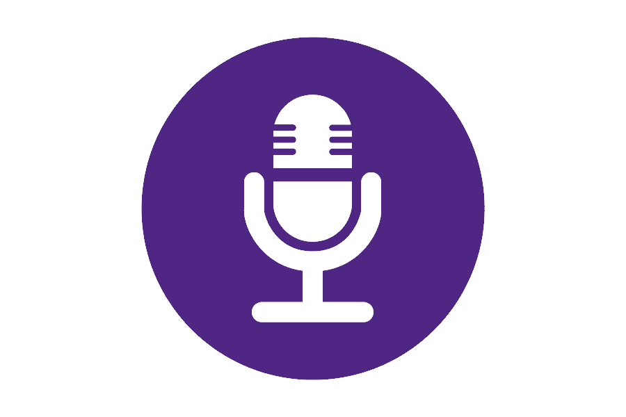 White graphic of a microphone on a purple background.
