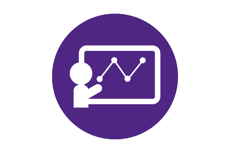 Icon of a person pointing at a whiteboard with a graph.