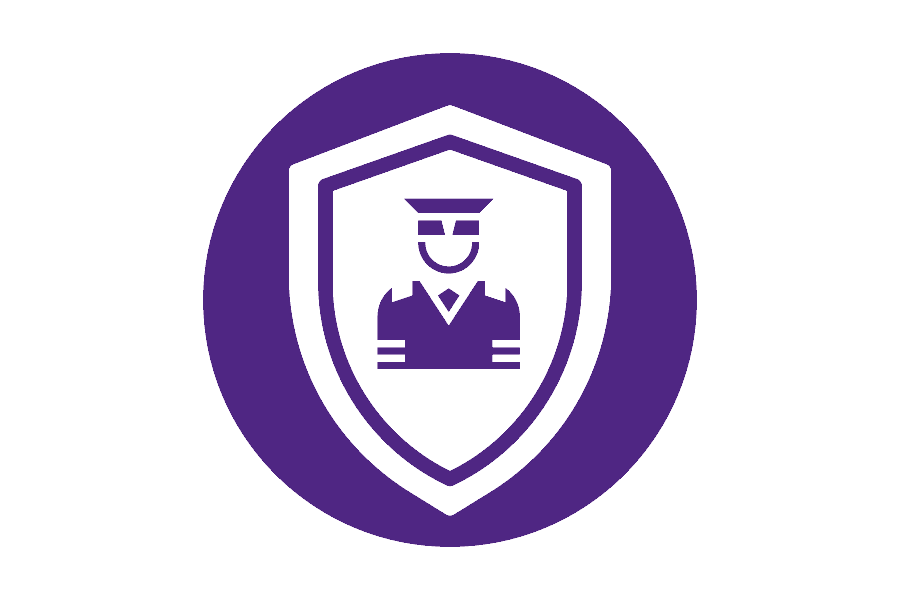 Circular purple icon with a shield and police officer picture on it