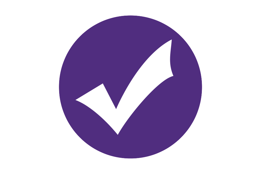 White checkmark on a purple background.
