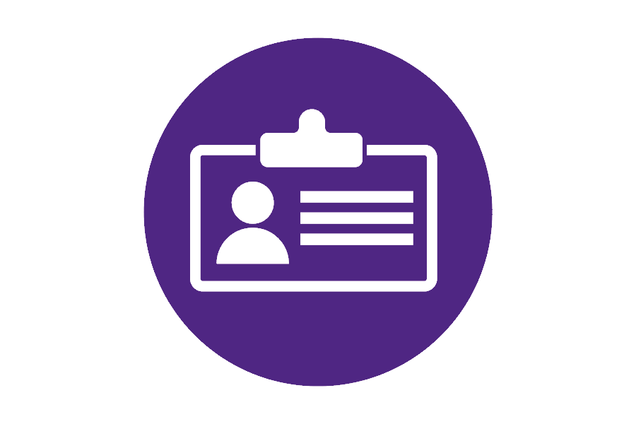 Icon of a name badge on a purple background.