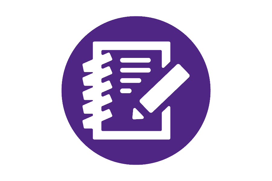 Icon of a pad of paper and a pen on a purple background.