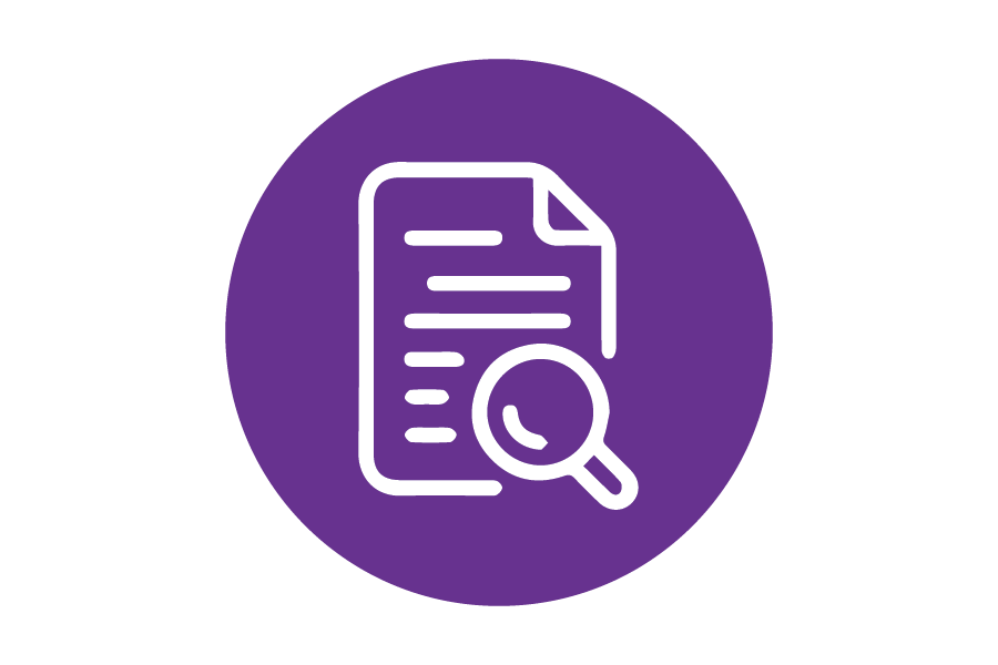 Icon of a magnifying glass and a piece of paper on a purple background.