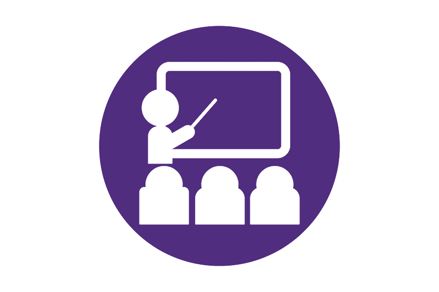Purple icon of a teacher in front of students