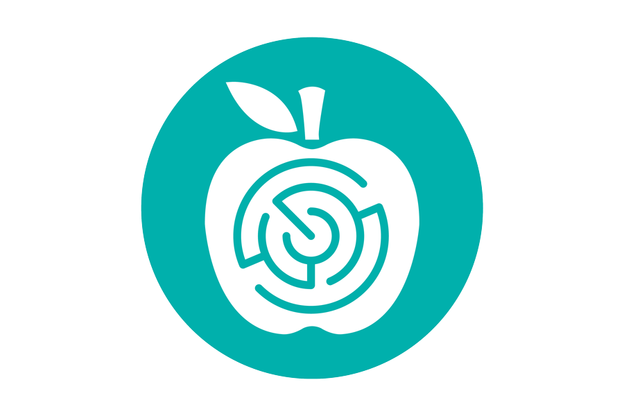 White graphic of an apple with a maze.