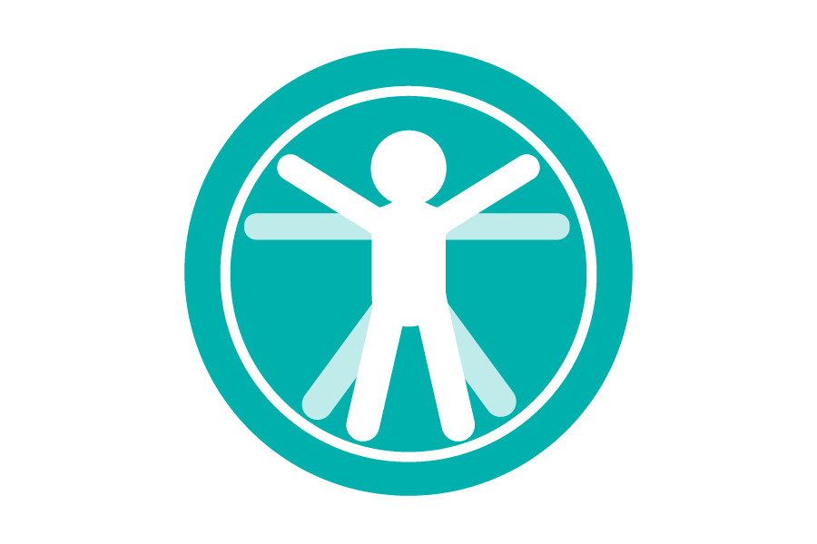 Teal circular icon with a person doing jumping jacks inside it