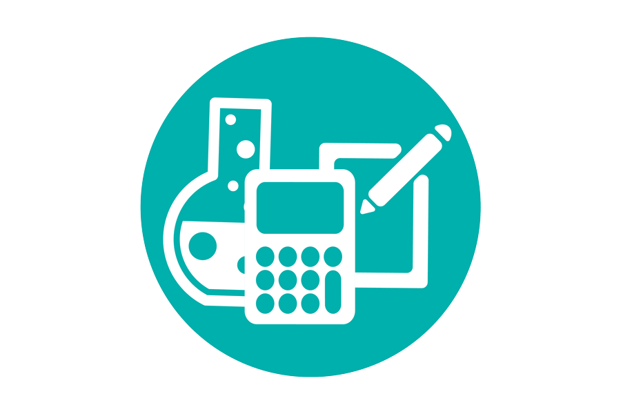 Teal icon of a beaker, calculator, and piece of paper and pencil.