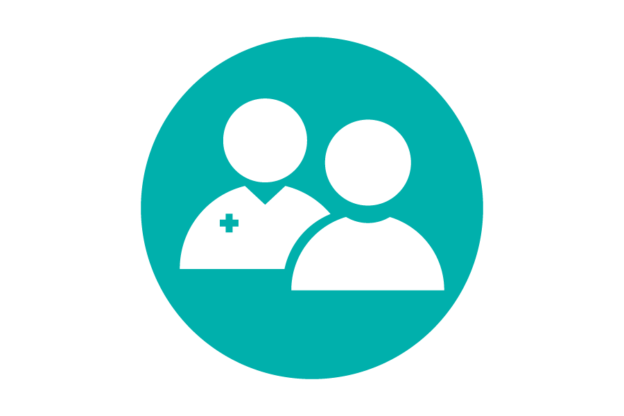 Teal circular logo with two icons of people in the circle, one with a healthcare cross on their lapel.