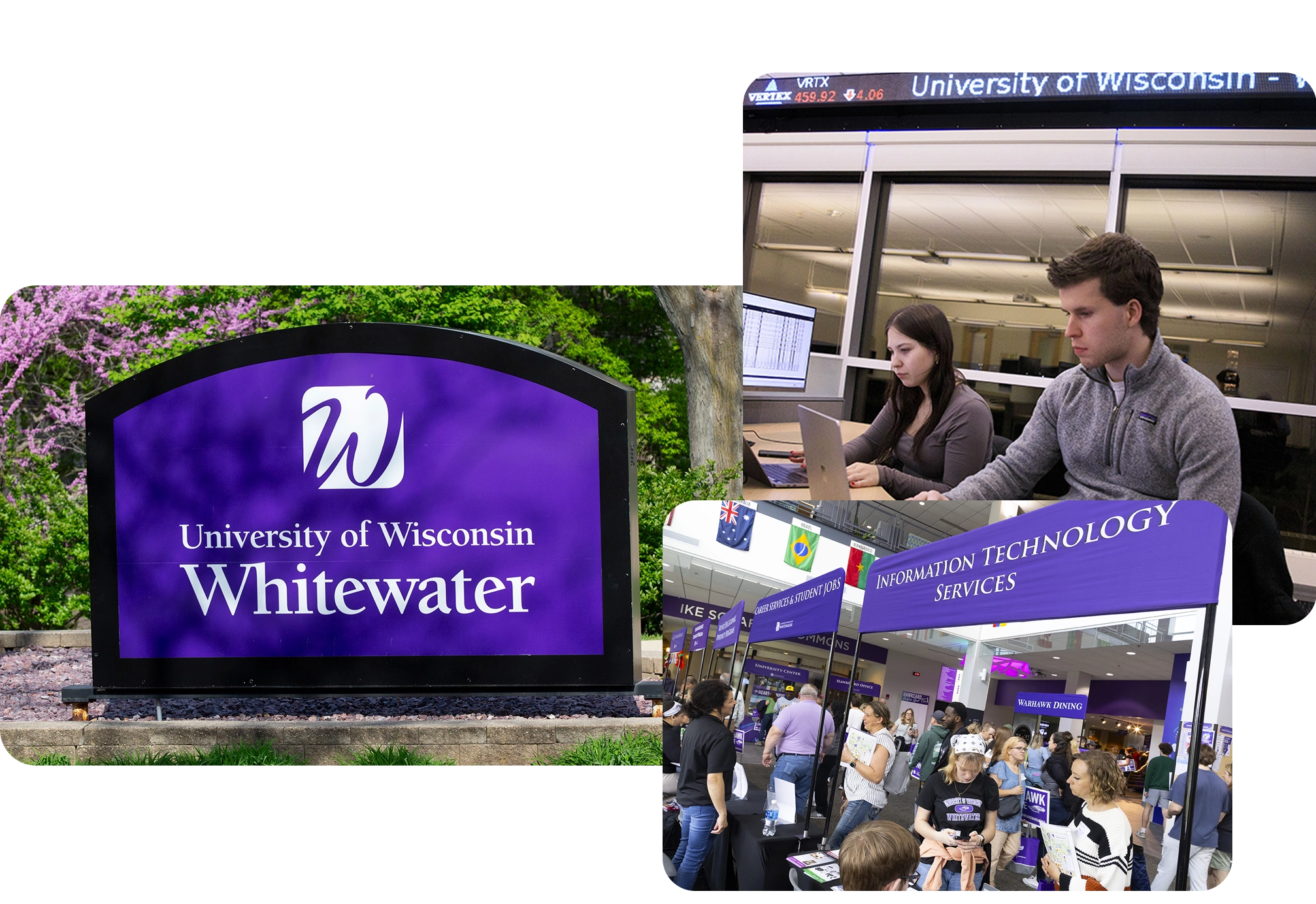 Collage of a UW-Whitewater sign, a crowd with a banner that says Information Technology Services, and two people working on a computer.