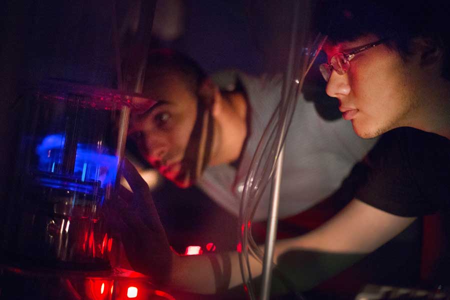 Cold atmospheric plasma glows purple inside a vacuum chamber as Jalal Nawash looks on.