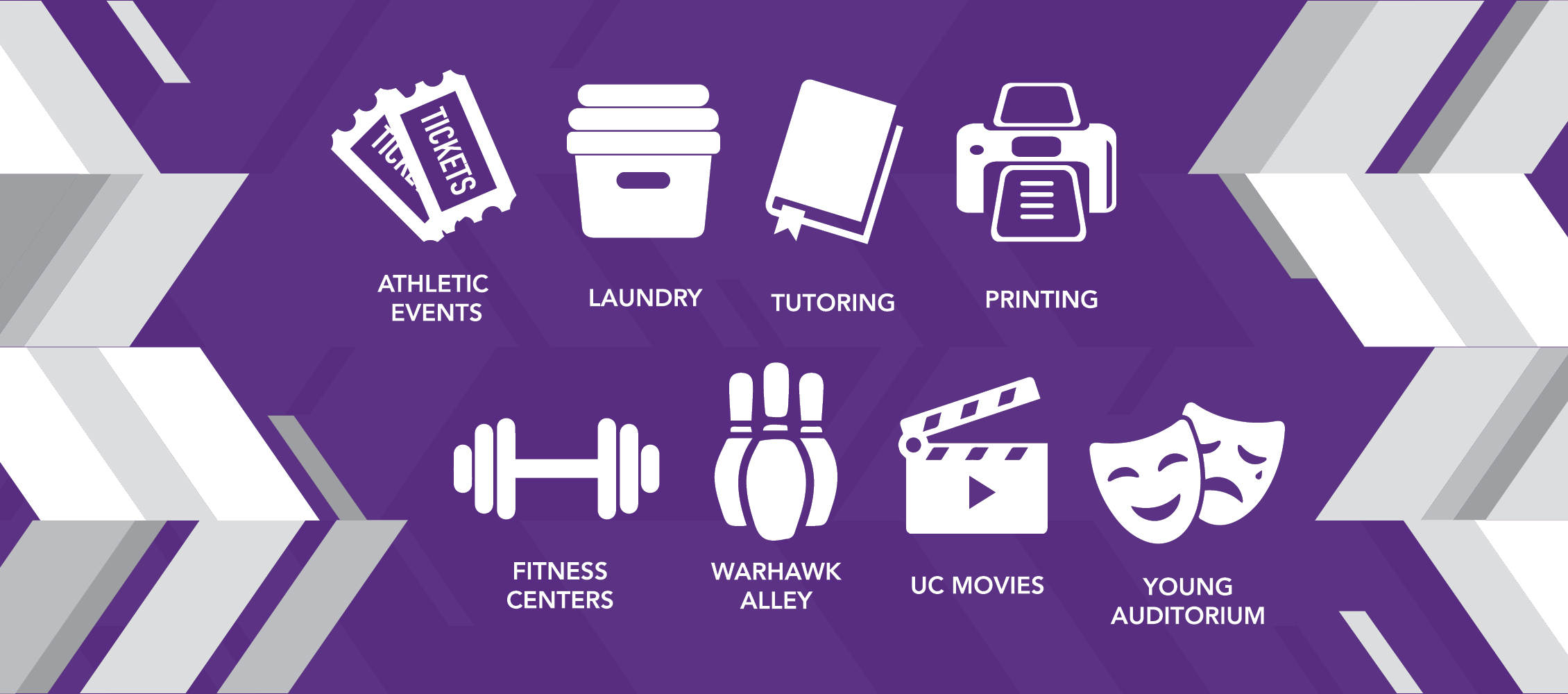 Graphics of a printer, tickets, fitness equipment, and bowling pins