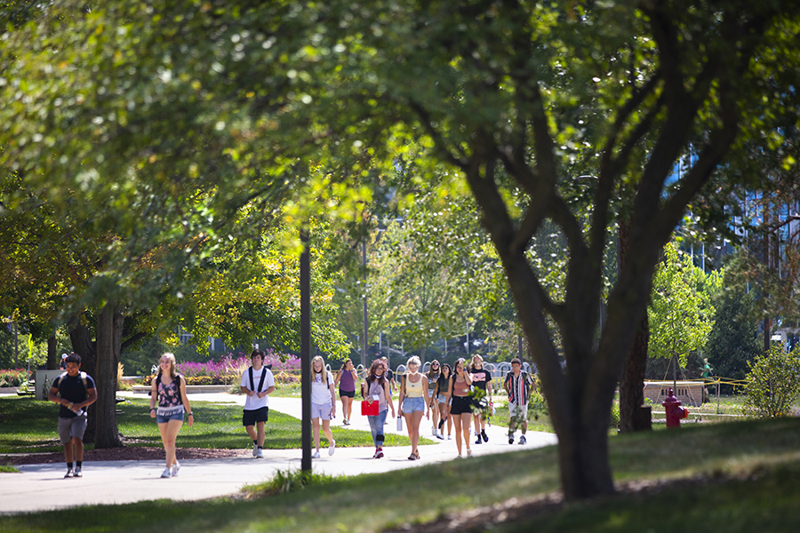Students walk on a sidewalk lined by trees.
