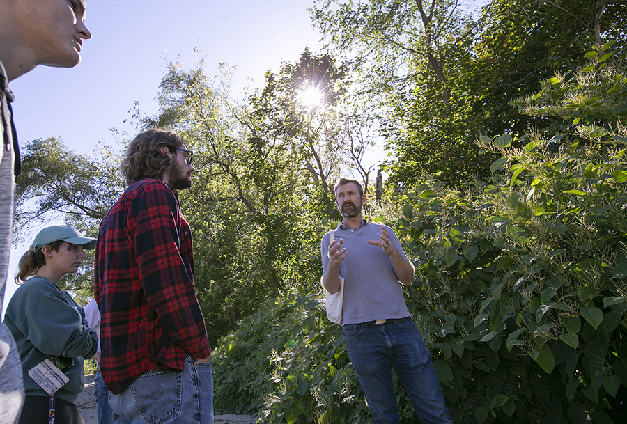 Nic Tippery stands with students in front of Japanese knotweed.