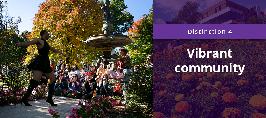 On the left, people are gathered by a fountain to watch an LGBTQ+ dancer, on the right, on a purple background, it says Distinction 4 Vibrant community.