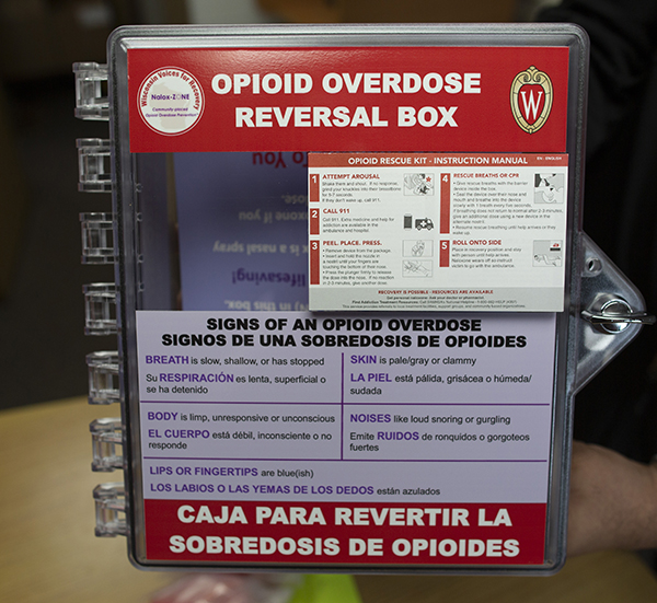 A close up photo of an opiod overdose reversal box.