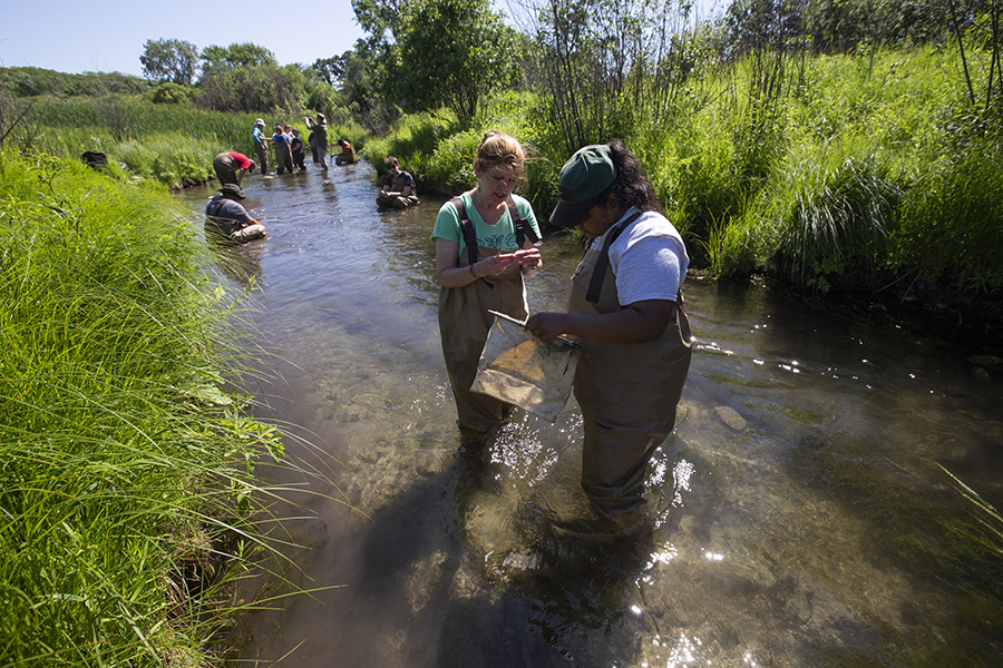 A student and faculty member stand in a river.